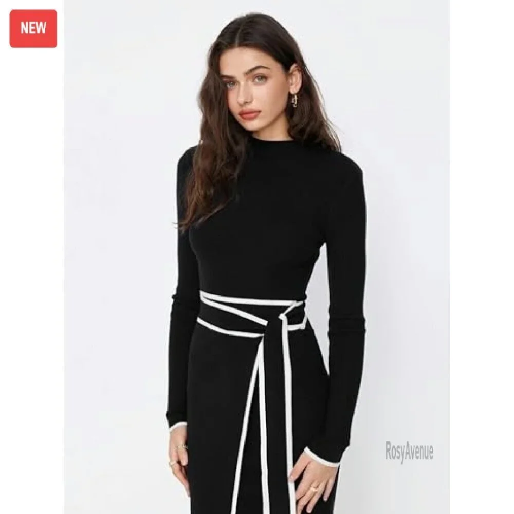 Long Sleeve Mock Turtleneck Sweater Dress Midi Work Dress Slim Fit - Picture 6 of 8